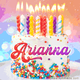 A cheerful white birthday cake with multicolor sprinkles, lit candles, and 'Arianna' written in vibrant letters, in an animated GIF.