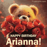 Cinematic style cute animated teddy bear with charming features holding a large bouquet of red roses, the words say 'Happy Birthday Arianna' in sans serif font.