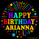 Personalized greeting card with name, colorful text that says 'Happy Birthday Arianna' surrounded by animated fireworks and multicolor stars