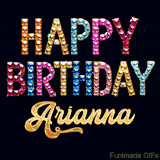 Vibrant luxury birthday greeting card for Arianna, showing glittering gemstone letters and golden calligraphy on a dark background with twinkling shine effects.