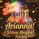 Burning birthday candles on top of a chocolate drip cake with the text Shine Bright Today! at the base, custom-designed for Arianna.