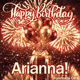 Exploding fireworks in gold and red above a gift box with the text Arianna in bold lettering, custom-designed for her.