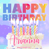 A vibrant animated name GIF with the words 'Happy Birthday Arianna' with colorful candles on a creamy cake. The background sparkles with pastel shades, adding a festive touch.