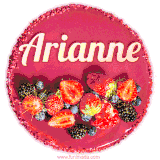 Beautifully decorated red velvet berry birthday cake with vibrant fruits and a glowing 'Arianne' name, adding a touch of sweetness and sparkle.