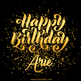 Animated GIF with colorful, festive 'Happy Birthday Arie' text decorated with patterns, a party hat, and falling confetti. A vibrant and cheerful design for birthday celebrations.