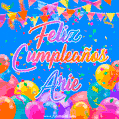 A vibrant animated GIF with 'Feliz Cumpleaños Arie' written in colorful script, surrounded by balloons, confetti, and bunting on a bright blue background.