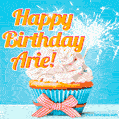 A cheerful animated GIF of a cupcake with creamy frosting, a red checkered ribbon, and a bright sparkler on top. The text 'Happy Birthday Arie!' is displayed in vibrant orange and red.