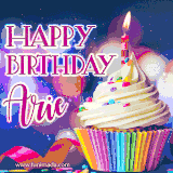A festive animated GIF featuring a colorful cupcake with a single lit candle, sprinkles, and 'Happy Birthday Arie' text against a sparkling, celebratory background.