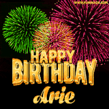 A captivating GIF with bursts of green, pink, and orange fireworks lighting up the night sky, accompanied by 'Happy Birthday Arie' in glowing golden text.