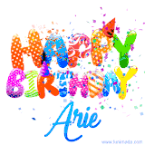 Animated GIF with colorful, festive 'Happy Birthday Arie' text decorated with patterns, a party hat, and falling confetti. A vibrant and cheerful design for birthday celebrations.