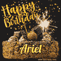 Celebrate Ariel's birthday with a GIF featuring chocolate cake, a lit sparkler, and golden stars