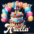 Hand-drawn happy birthday cake adorned with an arch of colorful balloons - name GIF for Ariella