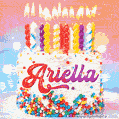 Personalized for Ariella elegant birthday cake adorned with rainbow sprinkles, colorful candles and glitter
