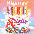 Personalized for Arielle elegant birthday cake adorned with rainbow sprinkles, colorful candles and glitter