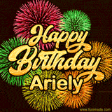 Golden text reading 'Happy Birthday Ariely' surrounded by vibrant fireworks in red, green, and yellow, set against a dark background in this celebratory birthday GIF.