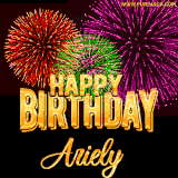 A golden 'Happy Birthday Ariely' message with vibrant fireworks in the background, creating a festive and celebratory vibe in this animated name GIF.