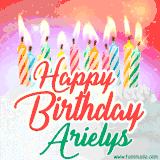 Bright birthday candles with rainbow flames on a cake, alongside the text 'Happy Birthday Arielys' in vibrant script in this celebratory animated GIF.