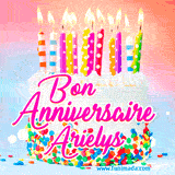 A white birthday cake covered in colorful sprinkles, topped with bright candles, and French text 'Bon Anniversaire Arielys' on a pastel gradient background in an animated GIF.