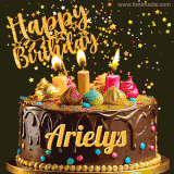 A delightful chocolate birthday cake with bright candles and 'Happy Birthday Arielys' written in gold amidst a shower of animated stars.
