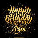 Animated GIF with colorful, festive 'Happy Birthday Arien' text decorated with patterns, a party hat, and falling confetti. A vibrant and cheerful design for birthday celebrations.