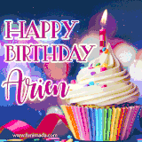 A festive animated GIF featuring a colorful cupcake with a single lit candle, sprinkles, and 'Happy Birthday Arien' text against a sparkling, celebratory background.