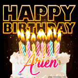 A vibrant animated GIF featuring a delicious birthday cake topped with glowing candles and the name 'Arien' in elegant script, and the words 'Happy Birthday' on the black background.