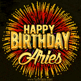 Golden 'Happy Birthday Aries' text accompanied by animated rainbow fireworks for a festive animated greeting.