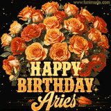 Animated bouquet of orange roses with moving butterfles and golden 'Happy Birthday Aries' text, surrounded by sparkling accents and a dark backdrop for a luxurious feel.