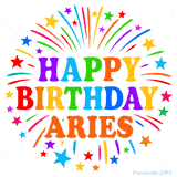 Happy Birthday Aries' GIF with rainbow-colored letters, colorful stars, and fireworks on white background.