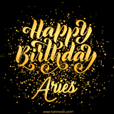 Animated GIF with colorful, festive 'Happy Birthday Aries' text decorated with patterns, a party hat, and falling confetti. A vibrant and cheerful design for birthday celebrations.