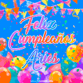 A vibrant animated GIF with 'Feliz Cumpleaños Aries' written in colorful script, surrounded by balloons, confetti, and bunting on a bright blue background.