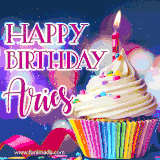 A festive animated GIF featuring a colorful cupcake with a single lit candle, sprinkles, and 'Happy Birthday Aries' text against a sparkling, celebratory background.