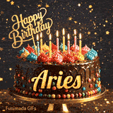 An animated birthday image featuring a rich chocolate cake with colorful cream swirls and the name Aries written on the front.