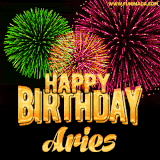 A captivating GIF with bursts of green, pink, and orange fireworks lighting up the night sky, accompanied by 'Happy Birthday Aries' in glowing golden text.