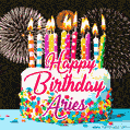 Amazing Animated GIF Image for Aries with Birthday Cake and Fireworks
