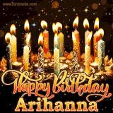 A glowing personalized birthday GIF with name Arihanna featuring lit candles with intricate designs, warm lighting, and the text 'Happy Birthday' in an elegant font.