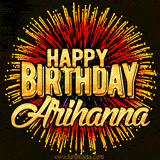 Golden 'Happy Birthday Arihanna' text accompanied by animated rainbow fireworks for a festive animated greeting.