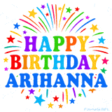 Happy Birthday Arihanna' GIF with rainbow-colored letters, colorful stars, and fireworks on white background.