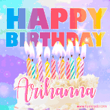 A vibrant animated name GIF with the words 'Happy Birthday Arihanna' with colorful candles on a creamy cake. The background sparkles with pastel shades, adding a festive touch.