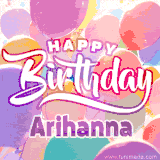 A vibrant name GIF featuring colorful balloons in shades of pink, orange, and yellow with the bold text 'Happy Birthday Arihanna' in festive fonts, creating a lively birthday vibe.