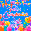 A vibrant animated GIF with 'Feliz Cumpleaños Arik' written in colorful script, surrounded by balloons, confetti, and bunting on a bright blue background.