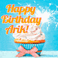 A cheerful animated GIF of a cupcake with creamy frosting, a red checkered ribbon, and a bright sparkler on top. The text 'Happy Birthday Arik!' is displayed in vibrant orange and red.