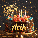 Shimmering gold stars in the background of a chocolate birthday cake with glowing candles, personalized with the name Arik.