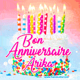 A white birthday cake covered in colorful sprinkles, topped with bright candles, and French text 'Bon Anniversaire Arika' on a pastel gradient background in an animated GIF.