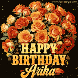 Animated bouquet of orange roses with moving butterfles and golden 'Happy Birthday Arika' text, surrounded by sparkling accents and a dark backdrop for a luxurious feel.