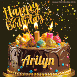 A delightful chocolate birthday cake with bright candles and 'Happy Birthday Arilyn' written in gold amidst a shower of animated stars.