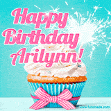 A festive cupcake with pink icing, a gingham bow, and a lit animated sparkler, paired with 'Happy Birthday Arilynn!' in bright pink text.