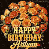 Animated bouquet of orange roses with moving butterfles and golden 'Happy Birthday Arilynn' text, surrounded by sparkling accents and a dark backdrop for a luxurious feel.