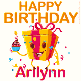 A vibrant and funny gift box character with a happy face dancing with a cupcake and the text 'Happy Birthday Arilynn,' surrounded by animated confetti and party vibes.