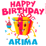 A vibrant and funny gift box character with a happy face dancing with a cupcake and the text 'Happy Birthday Arima,' surrounded by animated confetti and party vibes.